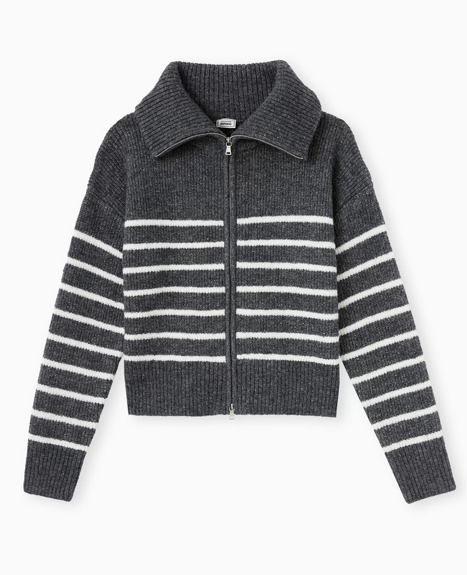 Shop Pimkie Gilet Zippé Rayé Avec Grand Col Maille Côtelée - gris foncé
