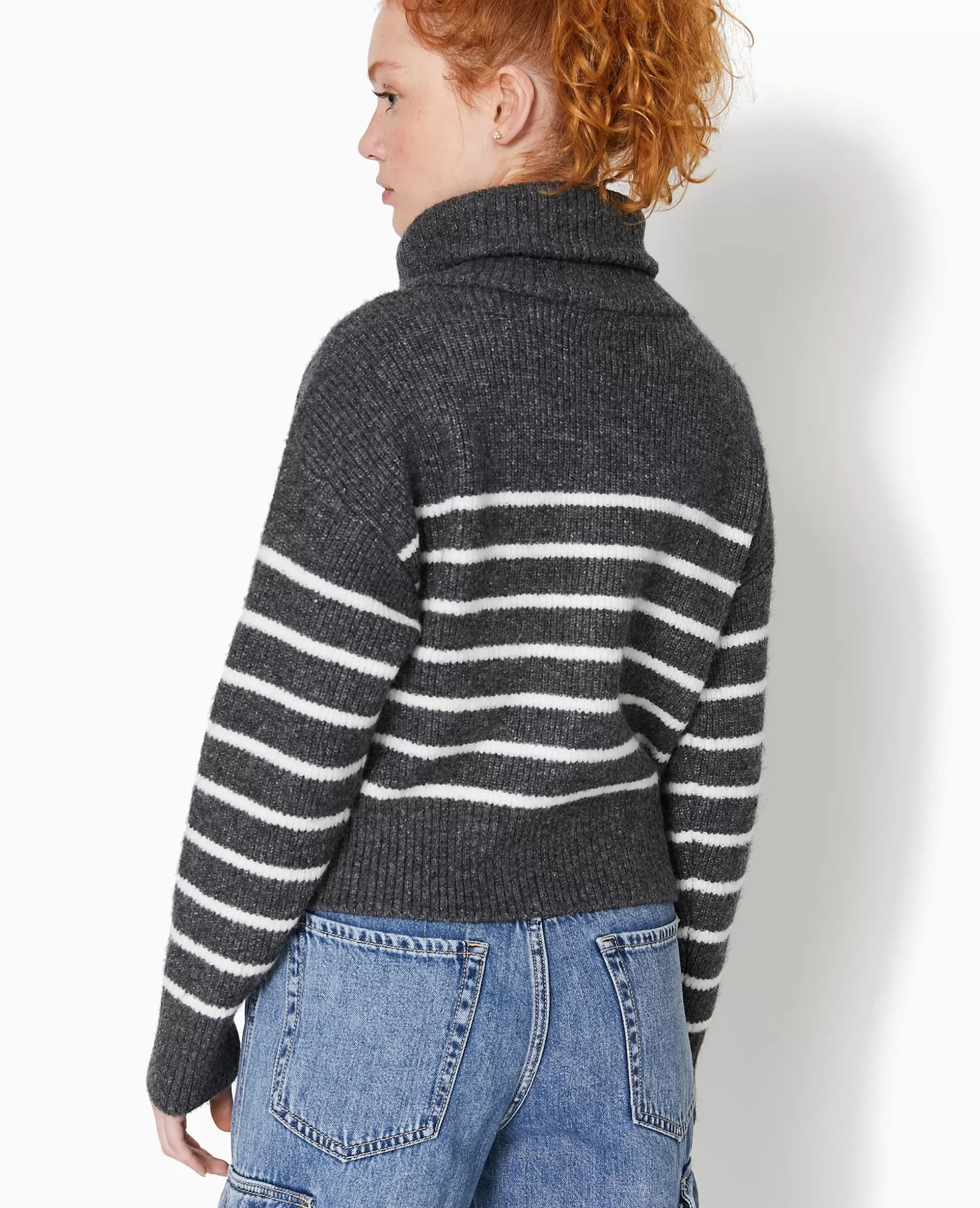 Shop Pimkie Gilet Zippé Rayé Avec Grand Col Maille Côtelée - gris foncé