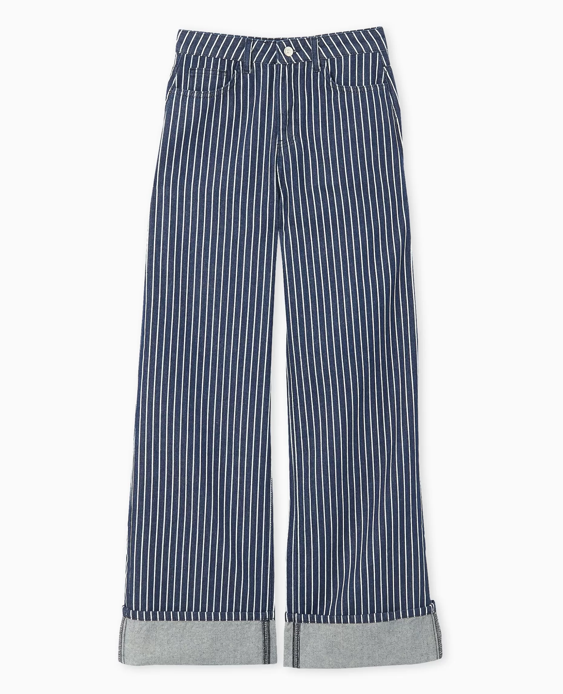 Hot Pimkie Jean Baggy Taille Haute Avec Rayures Et Revers - bleu