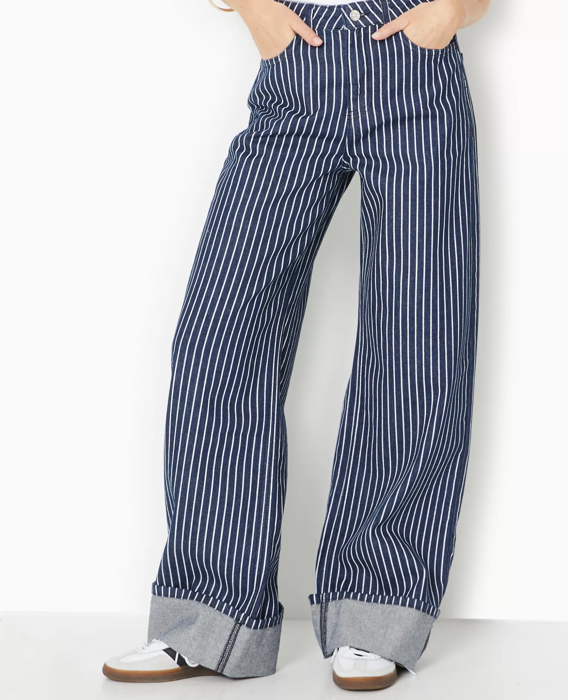 Hot Pimkie Jean Baggy Taille Haute Avec Rayures Et Revers - bleu