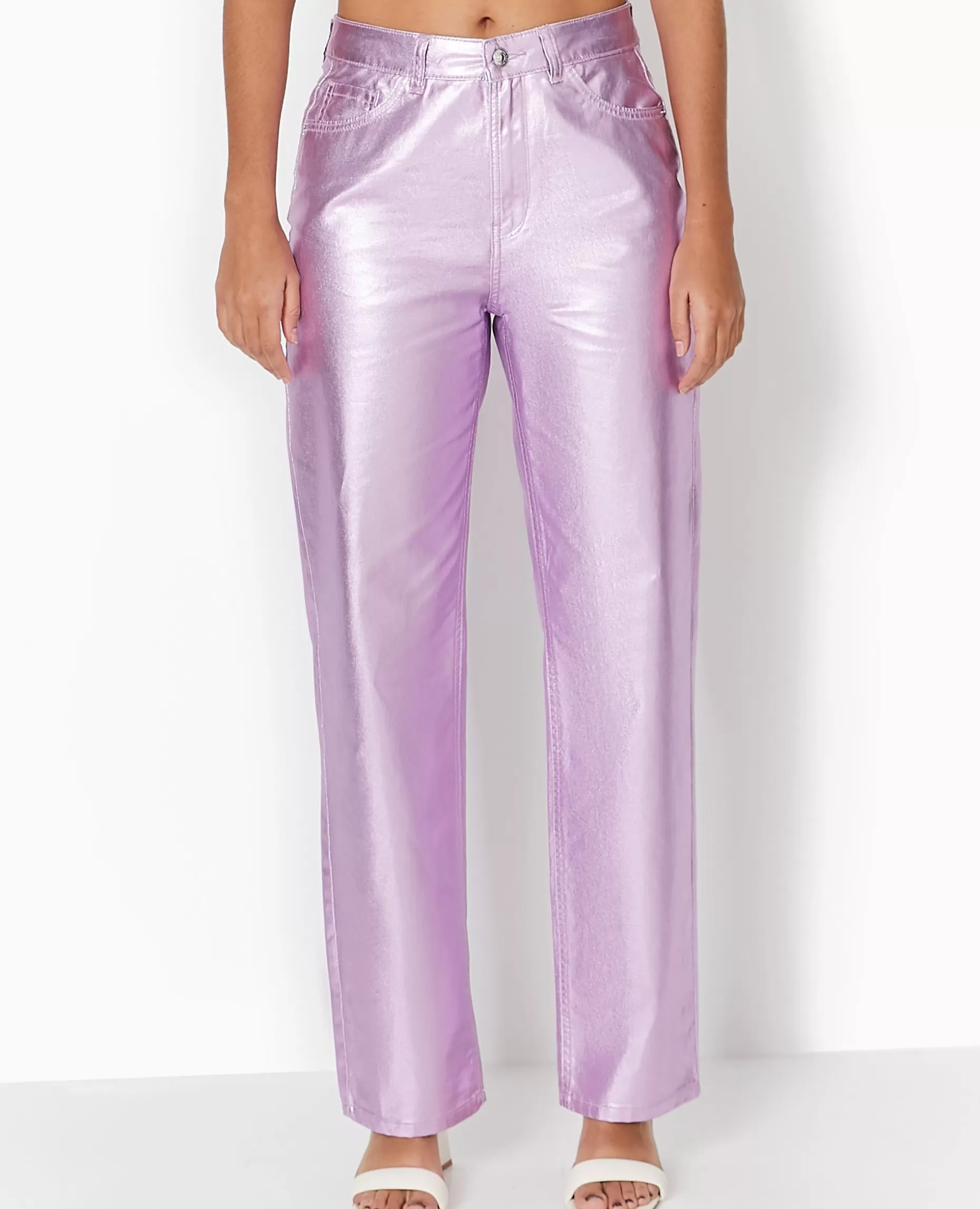 New Pimkie Jean Droit Rose Métallisé Taille Haute - rose fluo