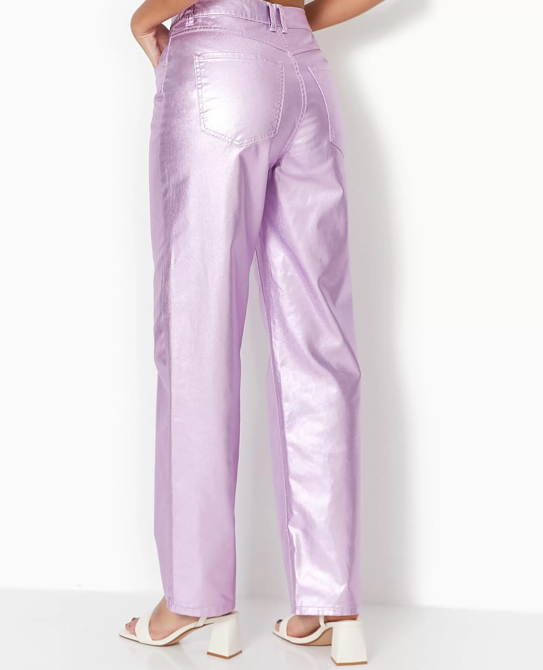 New Pimkie Jean Droit Rose Métallisé Taille Haute - rose fluo