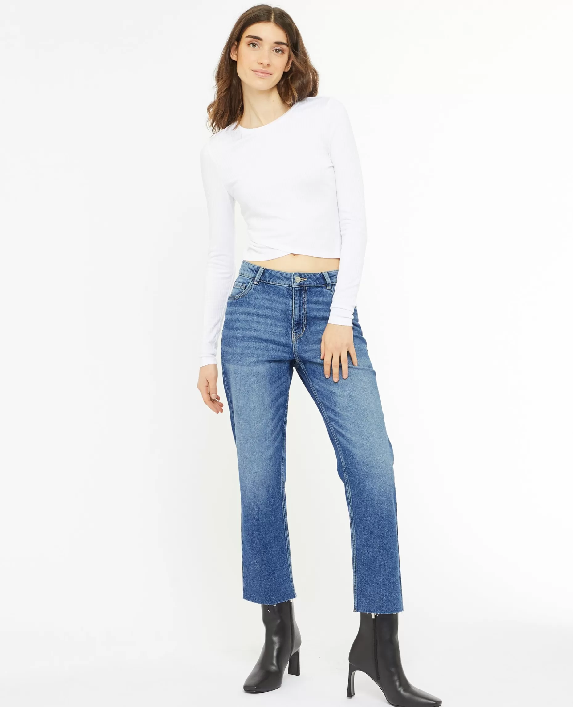 Best Sale Pimkie Jean Droit Taille Regular Avec Bas Effilochés - bleu