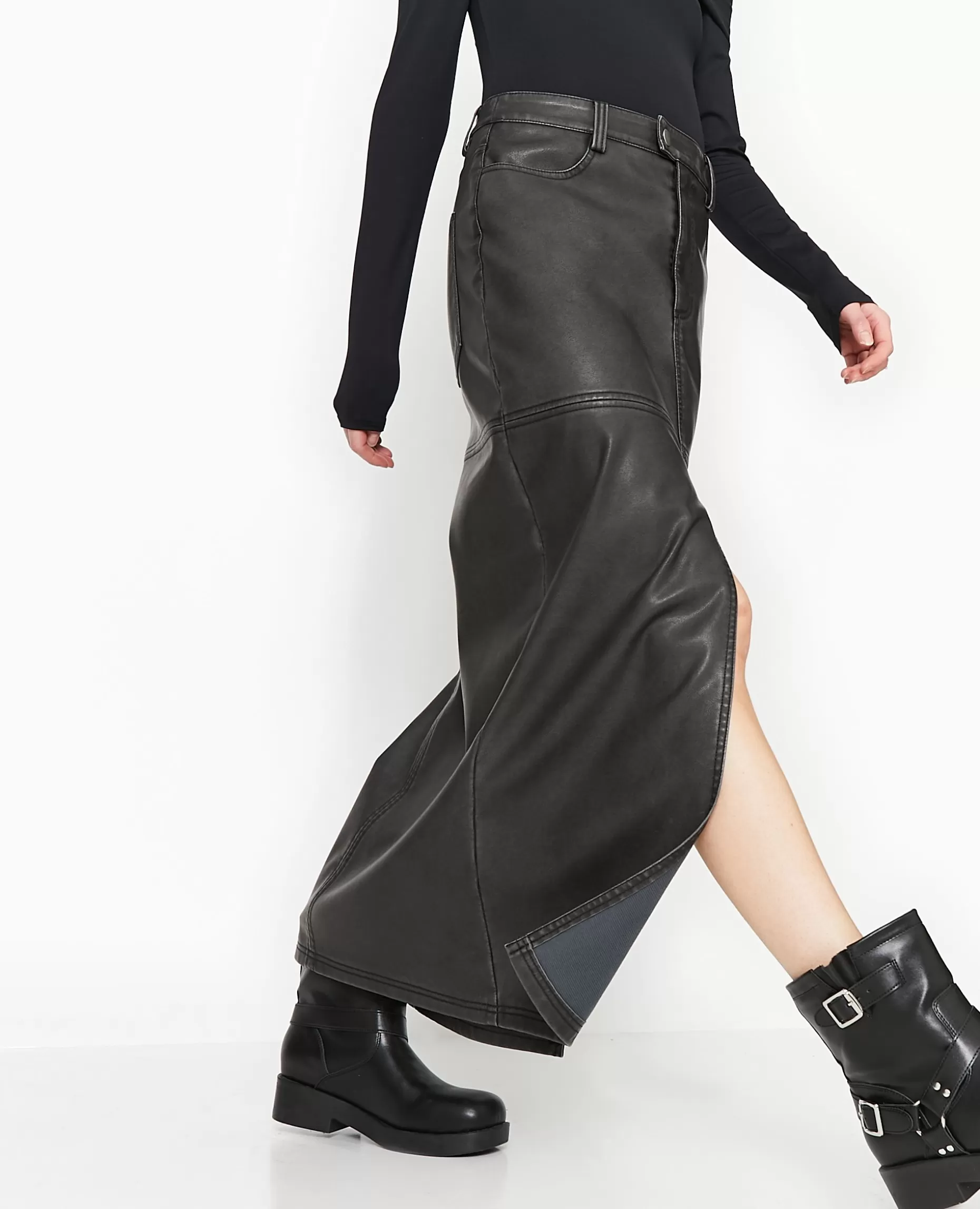 Best Pimkie Jupe Longue En Faux Cuir Used Avec Poches - gris foncé