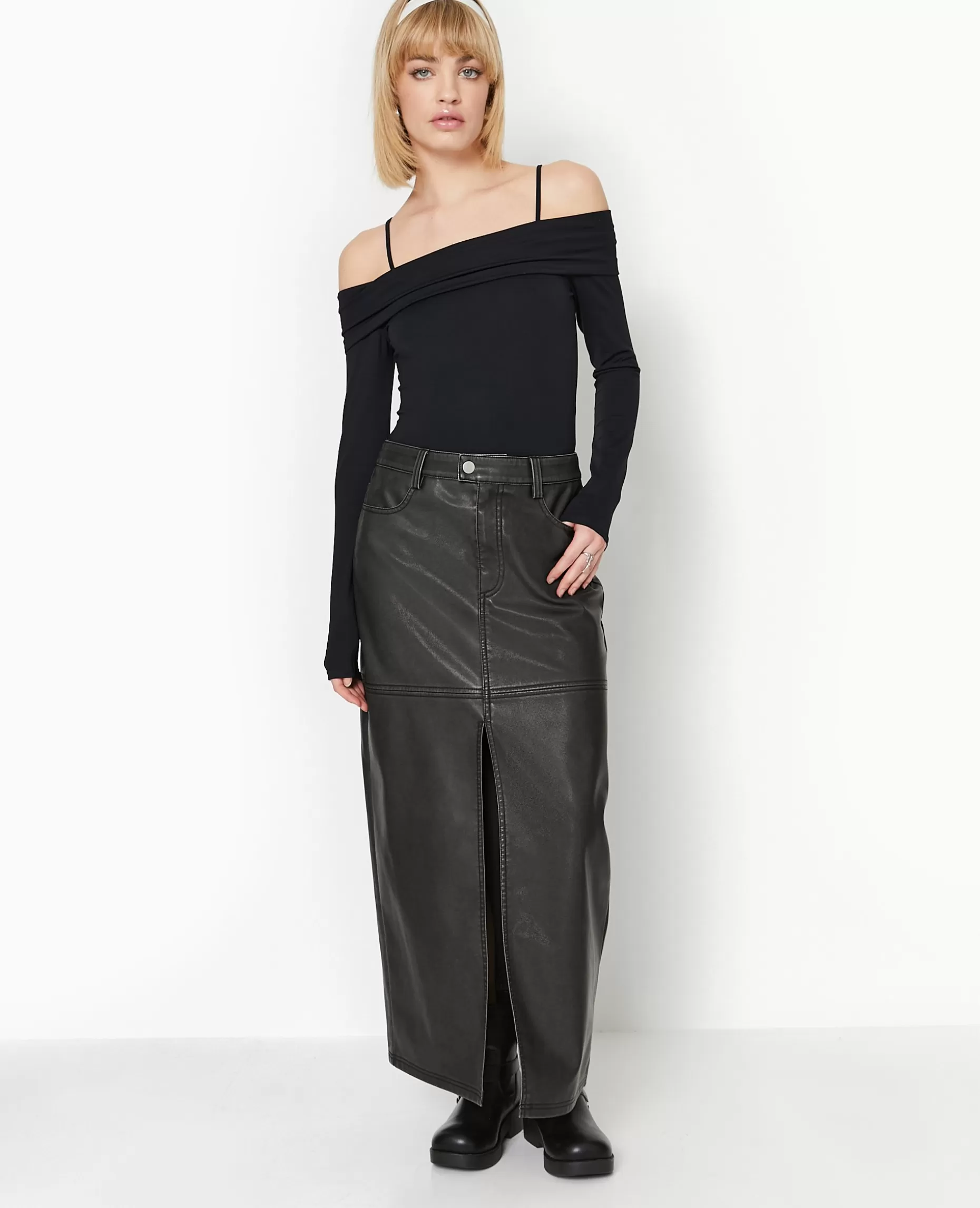 Best Pimkie Jupe Longue En Faux Cuir Used Avec Poches - gris foncé