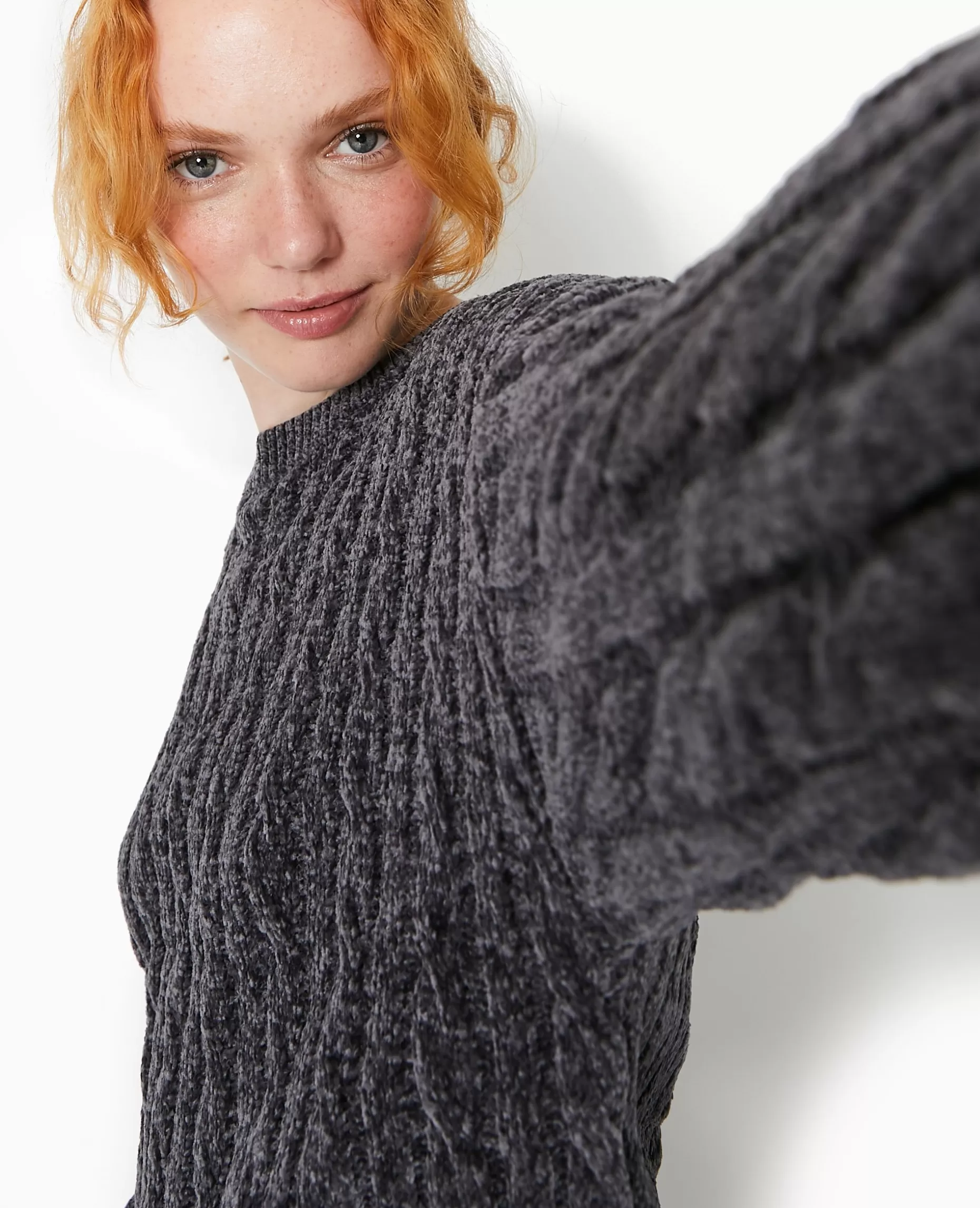 Best Sale Pimkie Pull Col Rond En Maille Chenille Torsadée - gris foncé