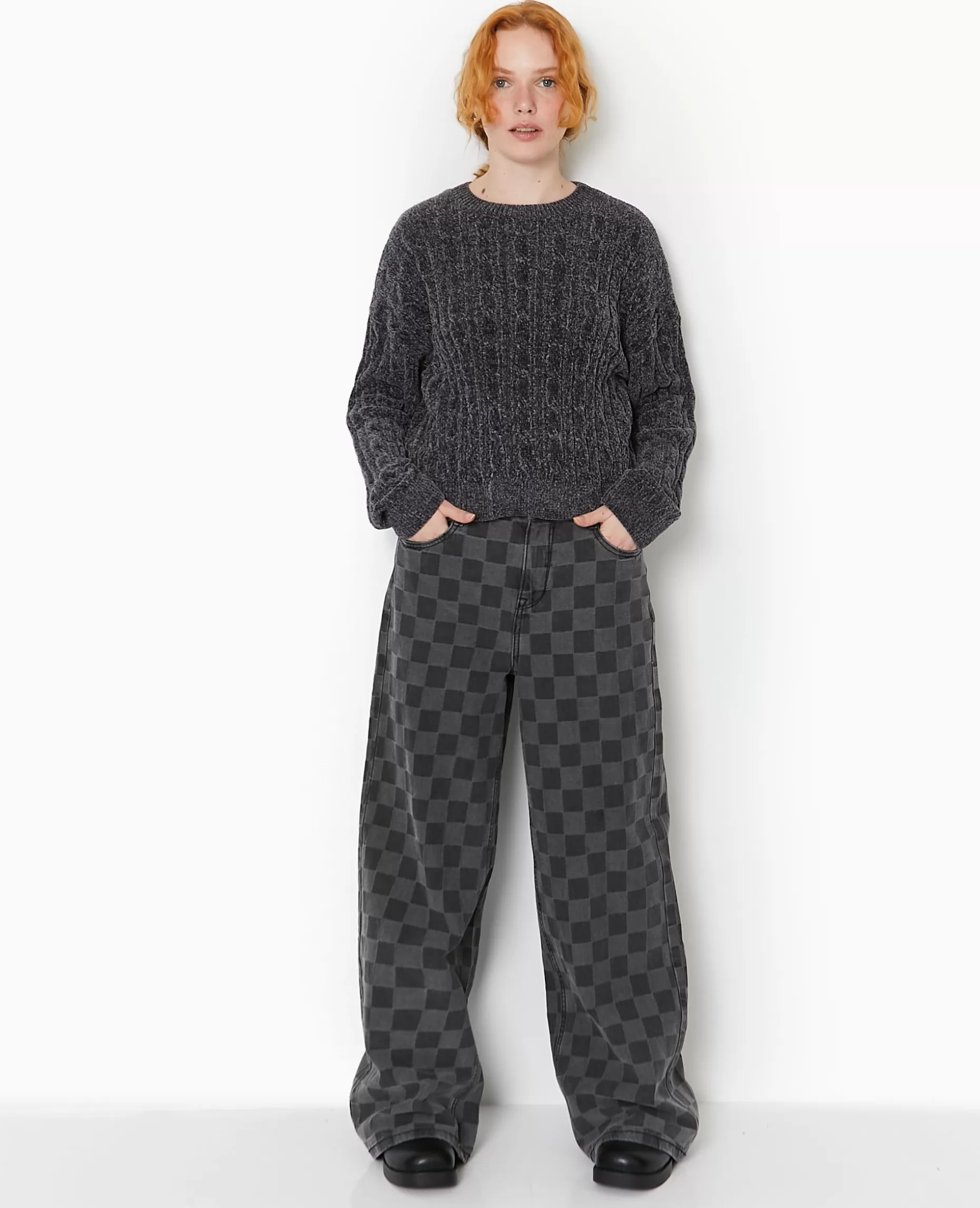Best Sale Pimkie Pull Col Rond En Maille Chenille Torsadée - gris foncé