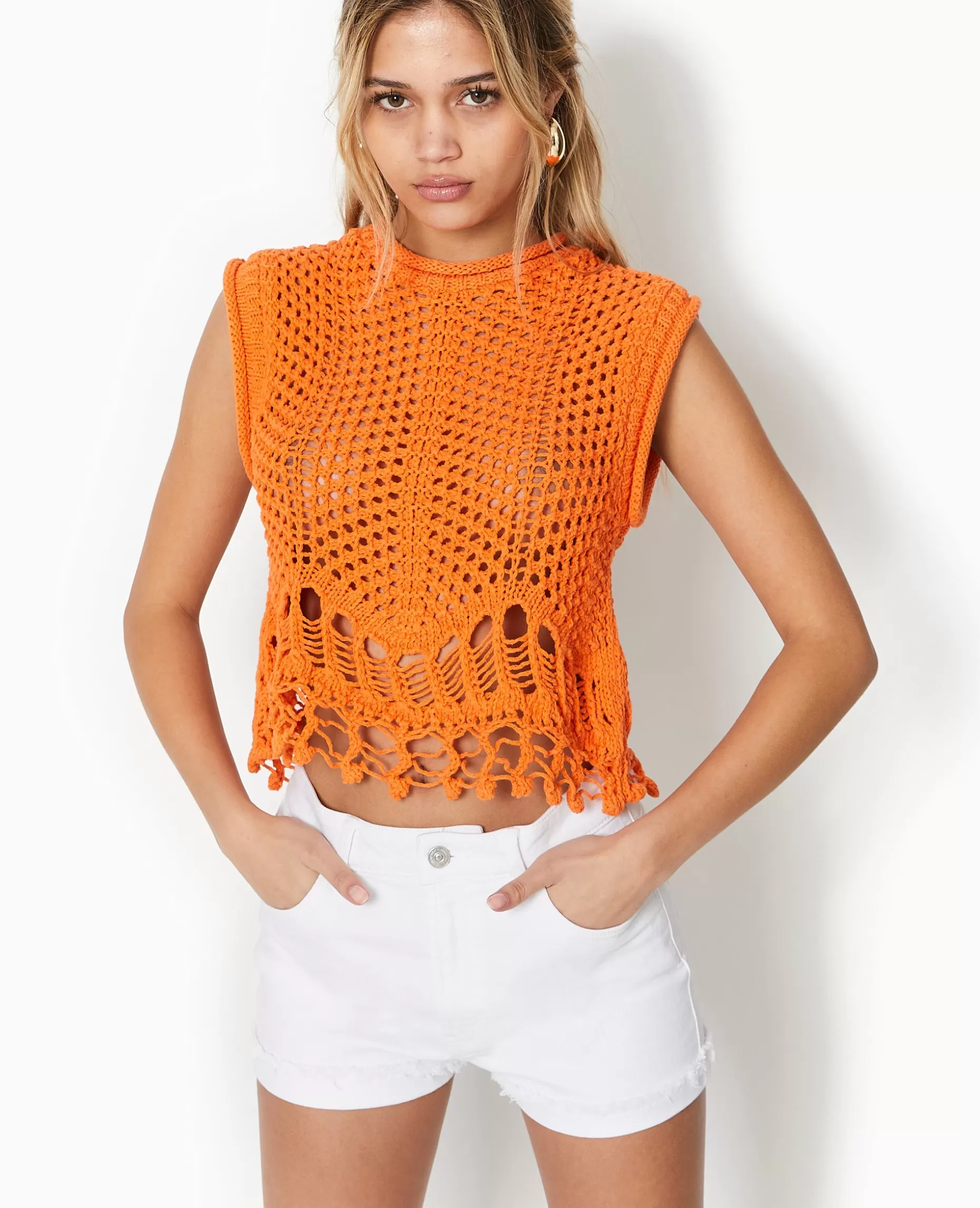 Flash Sale Pimkie Pull Sans Manches En Maille Ajourée Et Fantaisie - orange