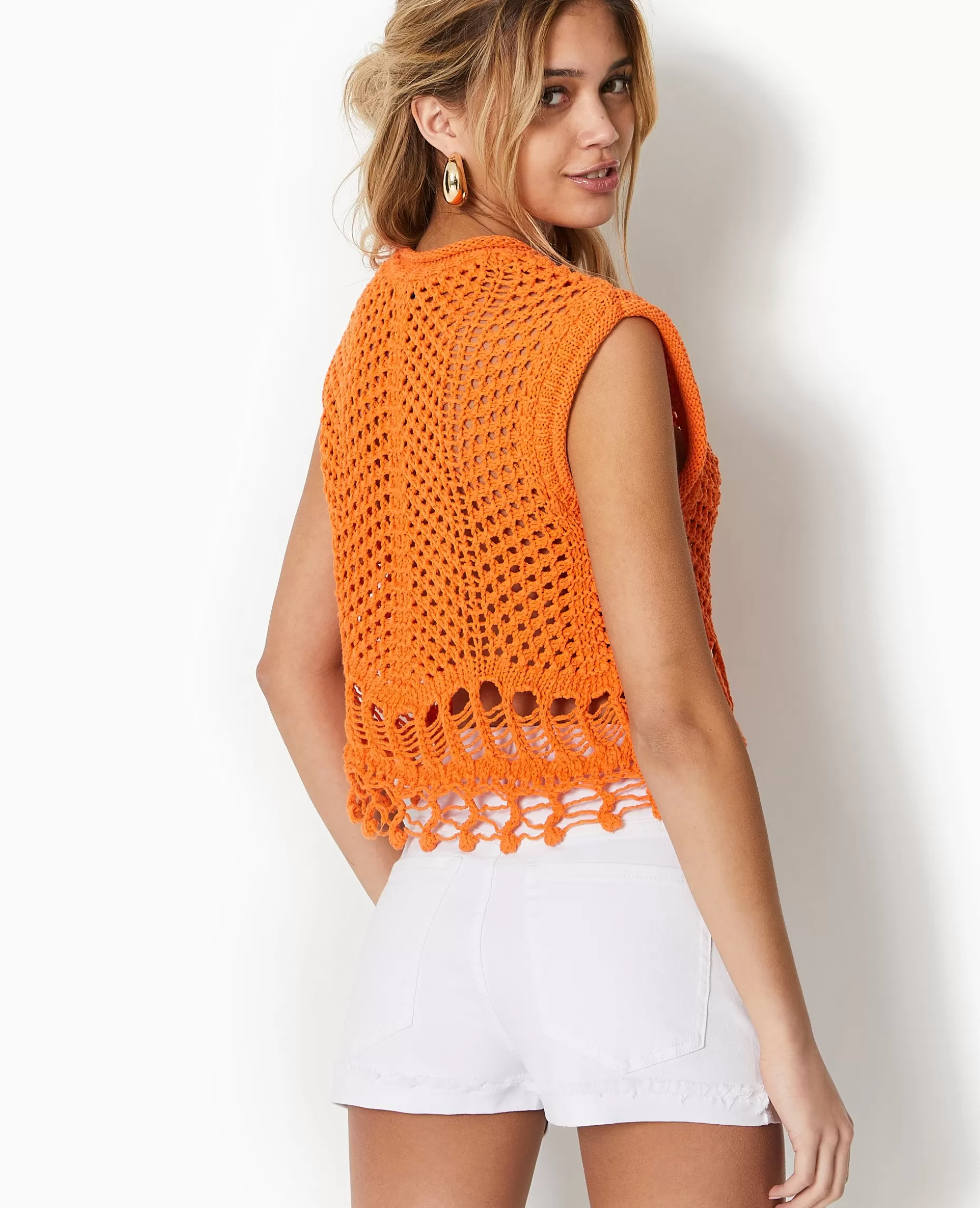 Flash Sale Pimkie Pull Sans Manches En Maille Ajourée Et Fantaisie - orange