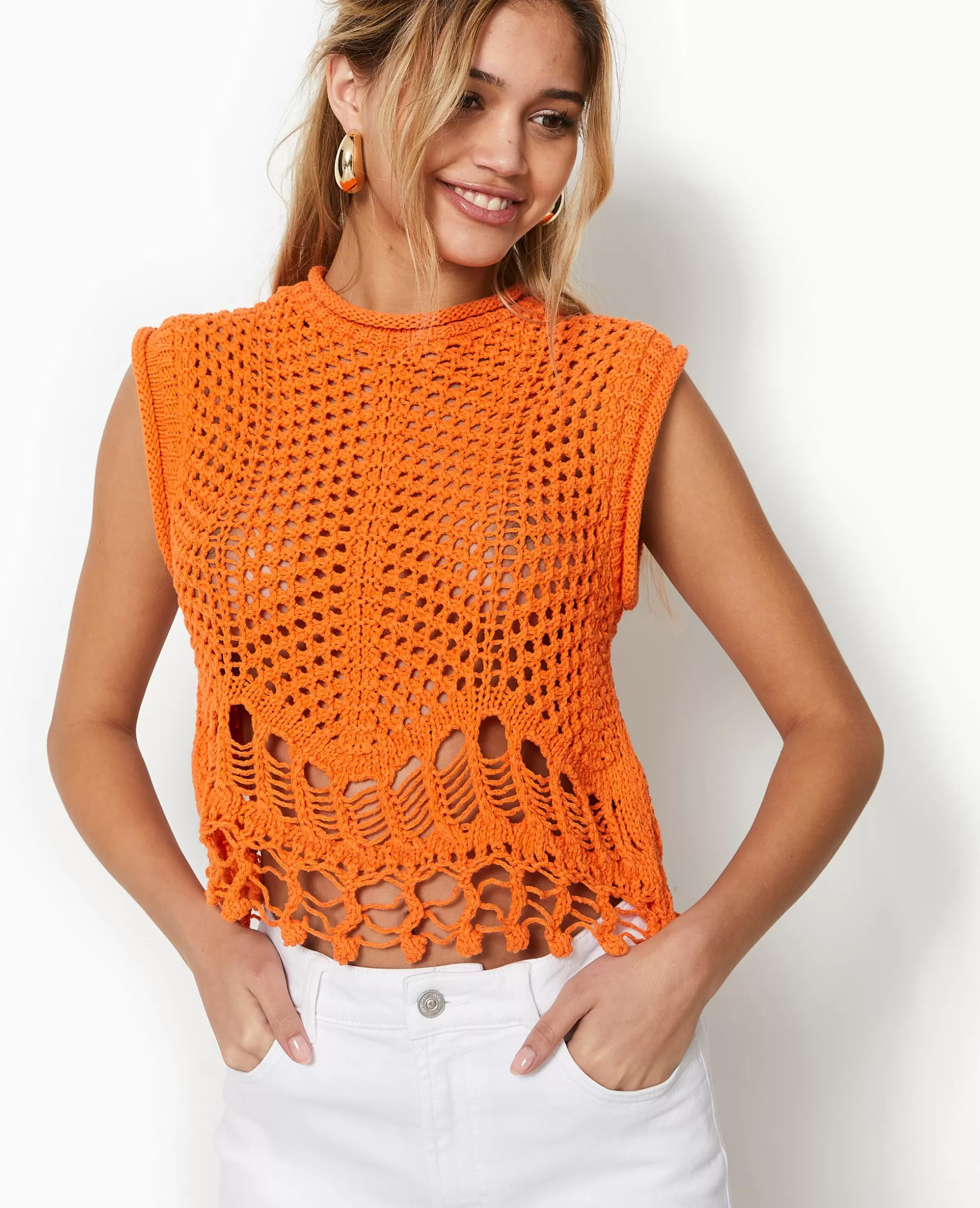 Flash Sale Pimkie Pull Sans Manches En Maille Ajourée Et Fantaisie - orange