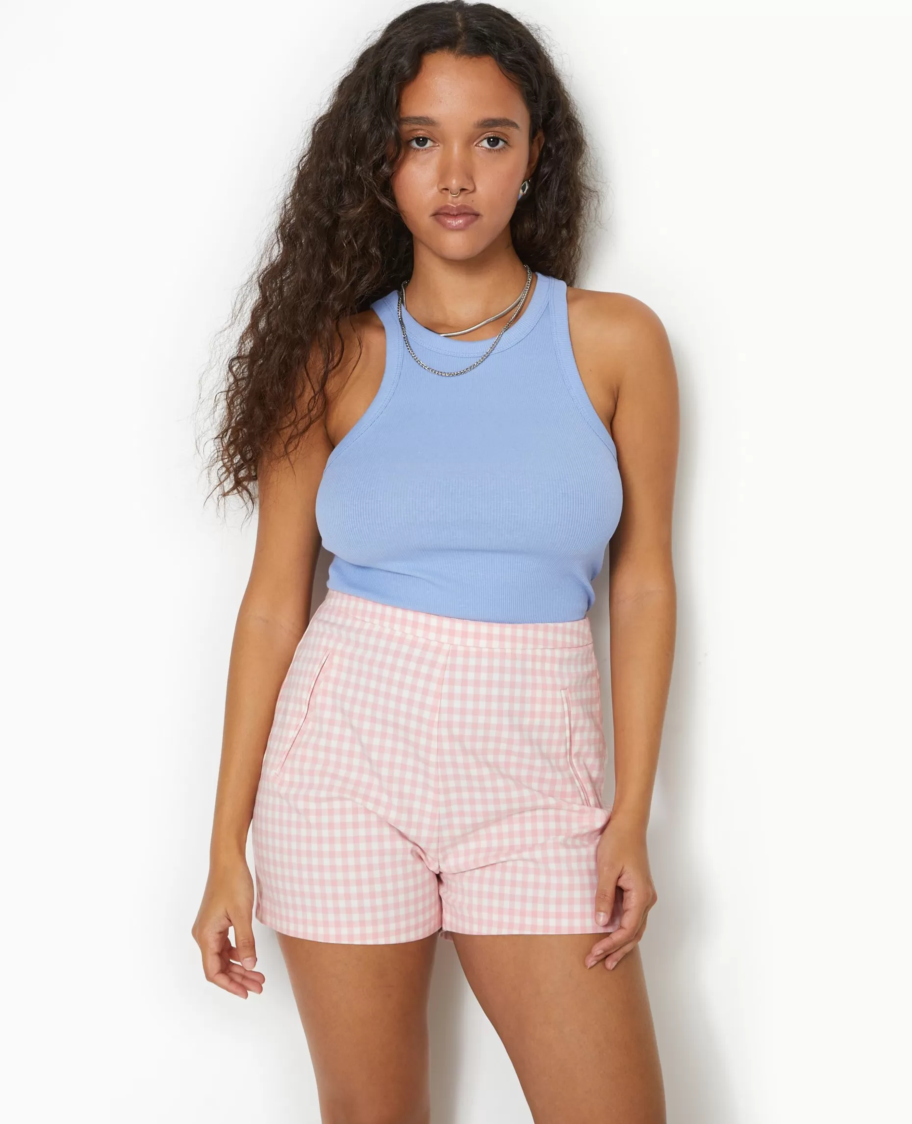 Sale Pimkie Short City Taille Haute Motif Vichy - Rose poudré