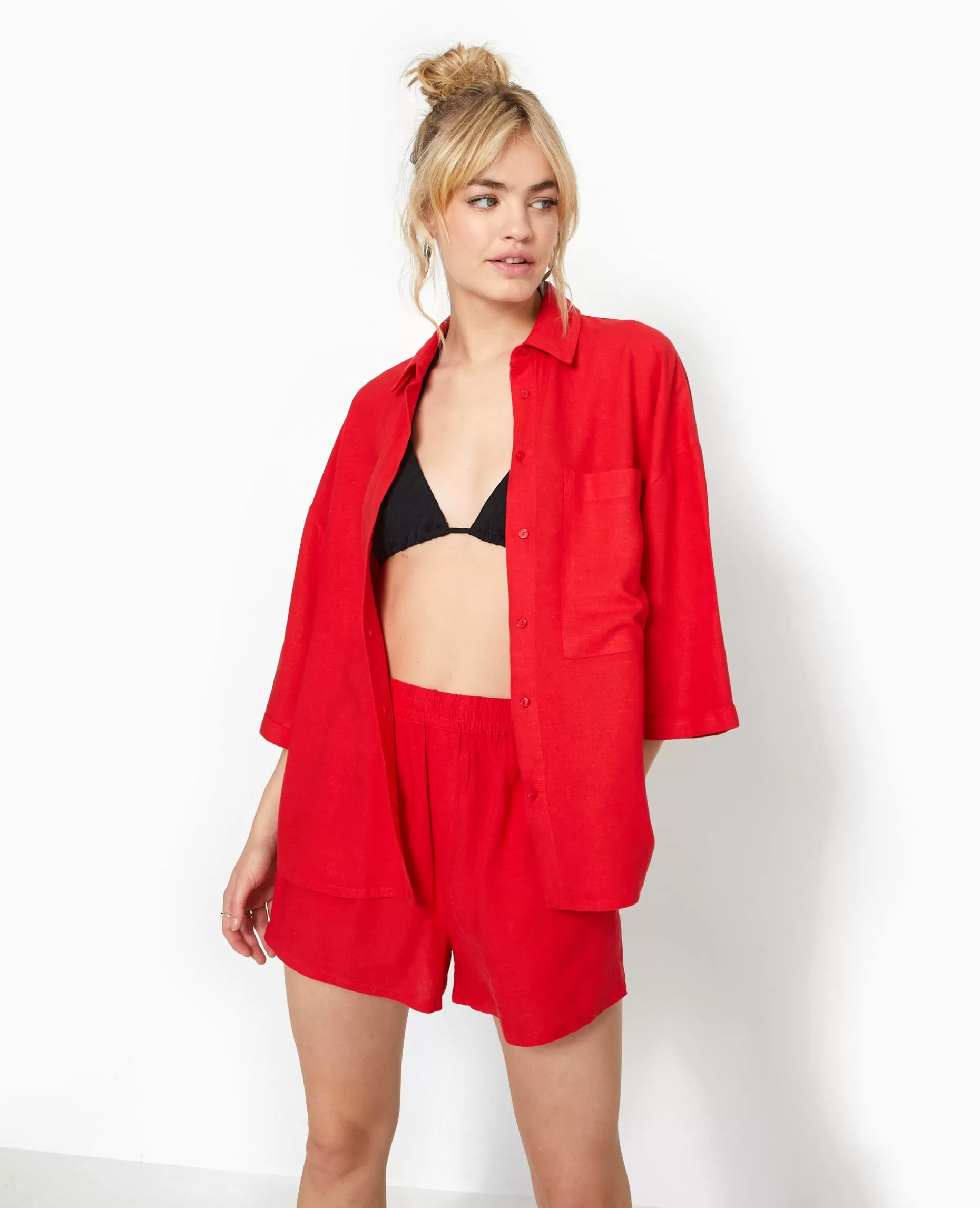 New Pimkie Short Court Taille élastiquée Avec Lin - rouge