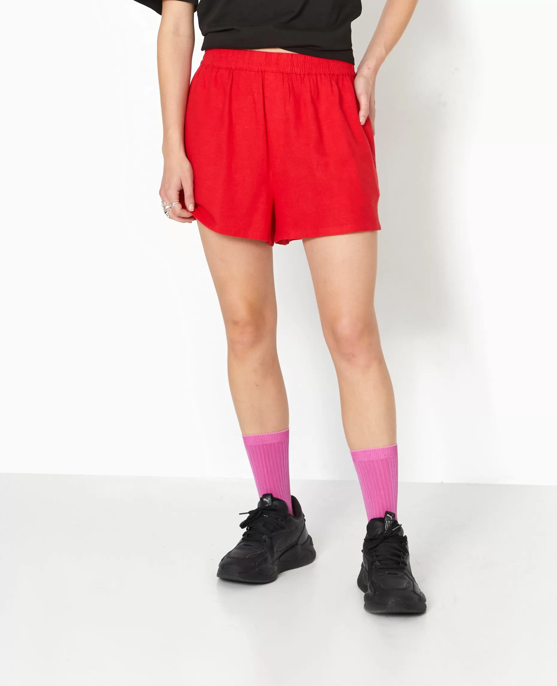 New Pimkie Short Court Taille élastiquée Avec Lin - rouge