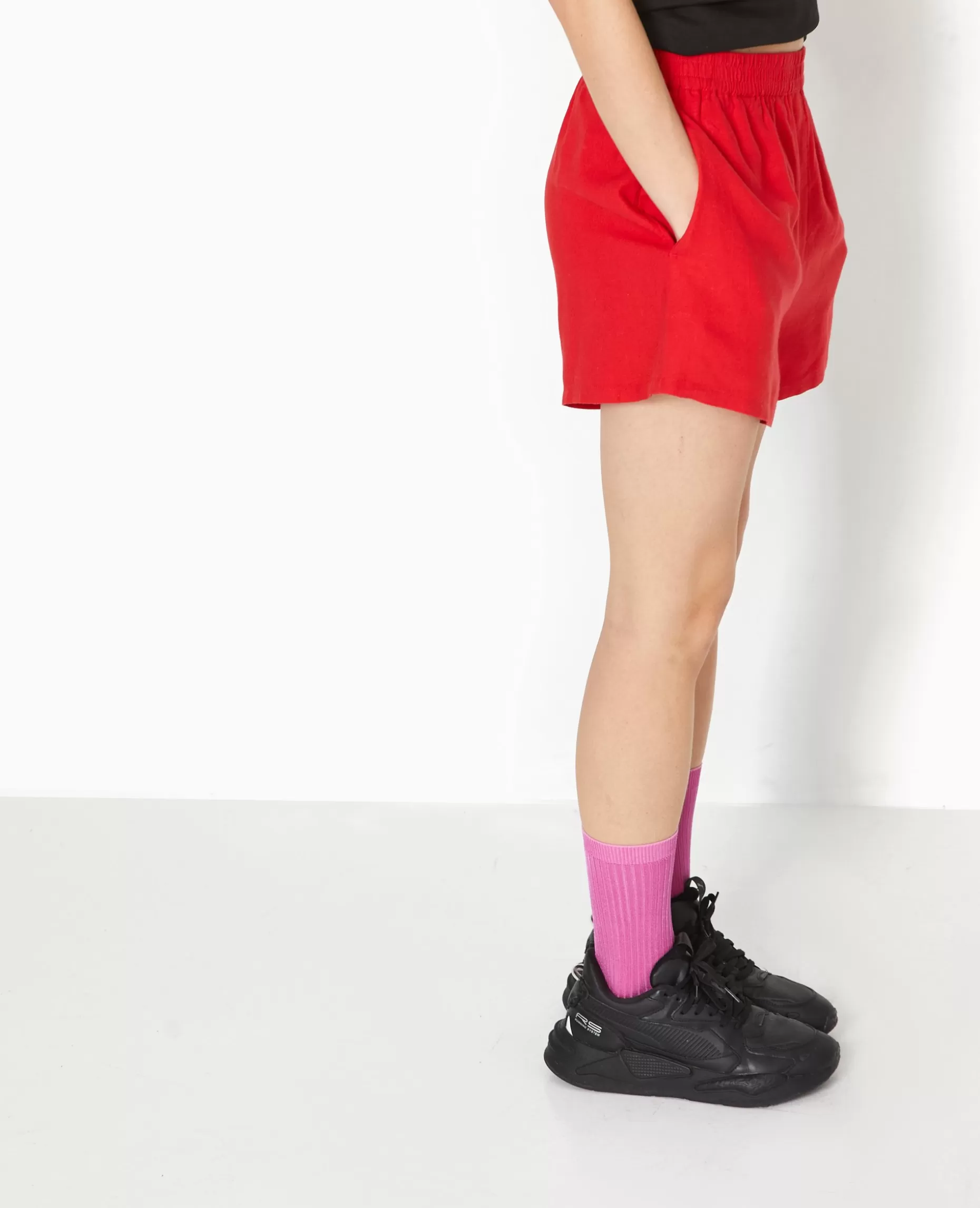 New Pimkie Short Court Taille élastiquée Avec Lin - rouge