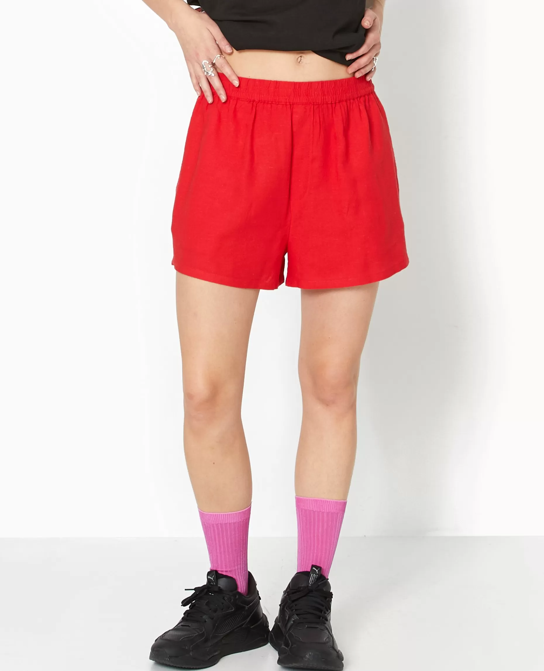 New Pimkie Short Court Taille élastiquée Avec Lin - rouge