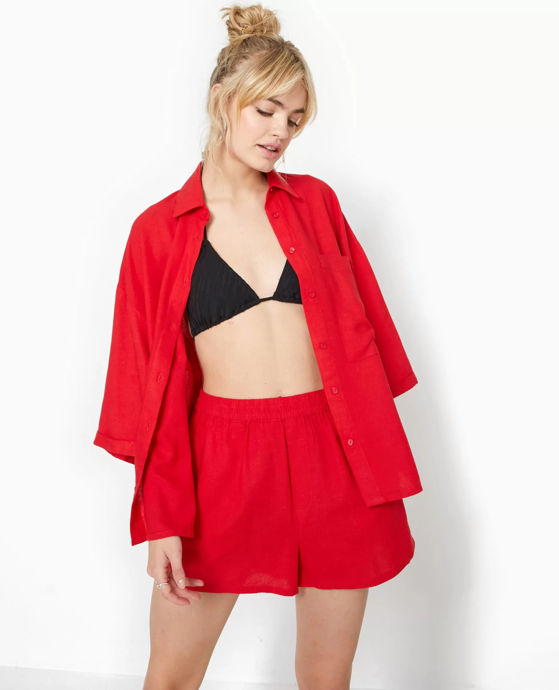 New Pimkie Short Court Taille élastiquée Avec Lin - rouge