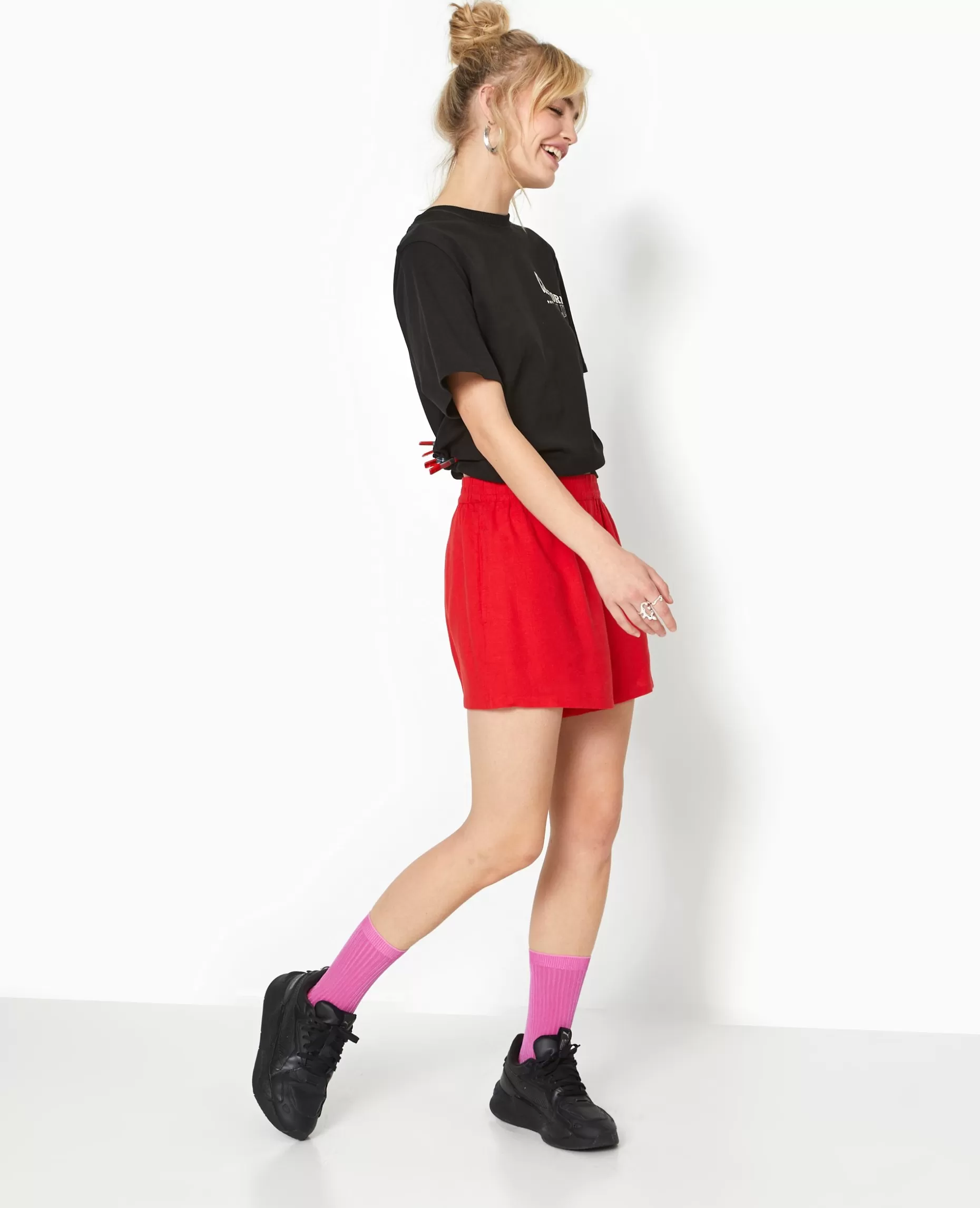 New Pimkie Short Court Taille élastiquée Avec Lin - rouge