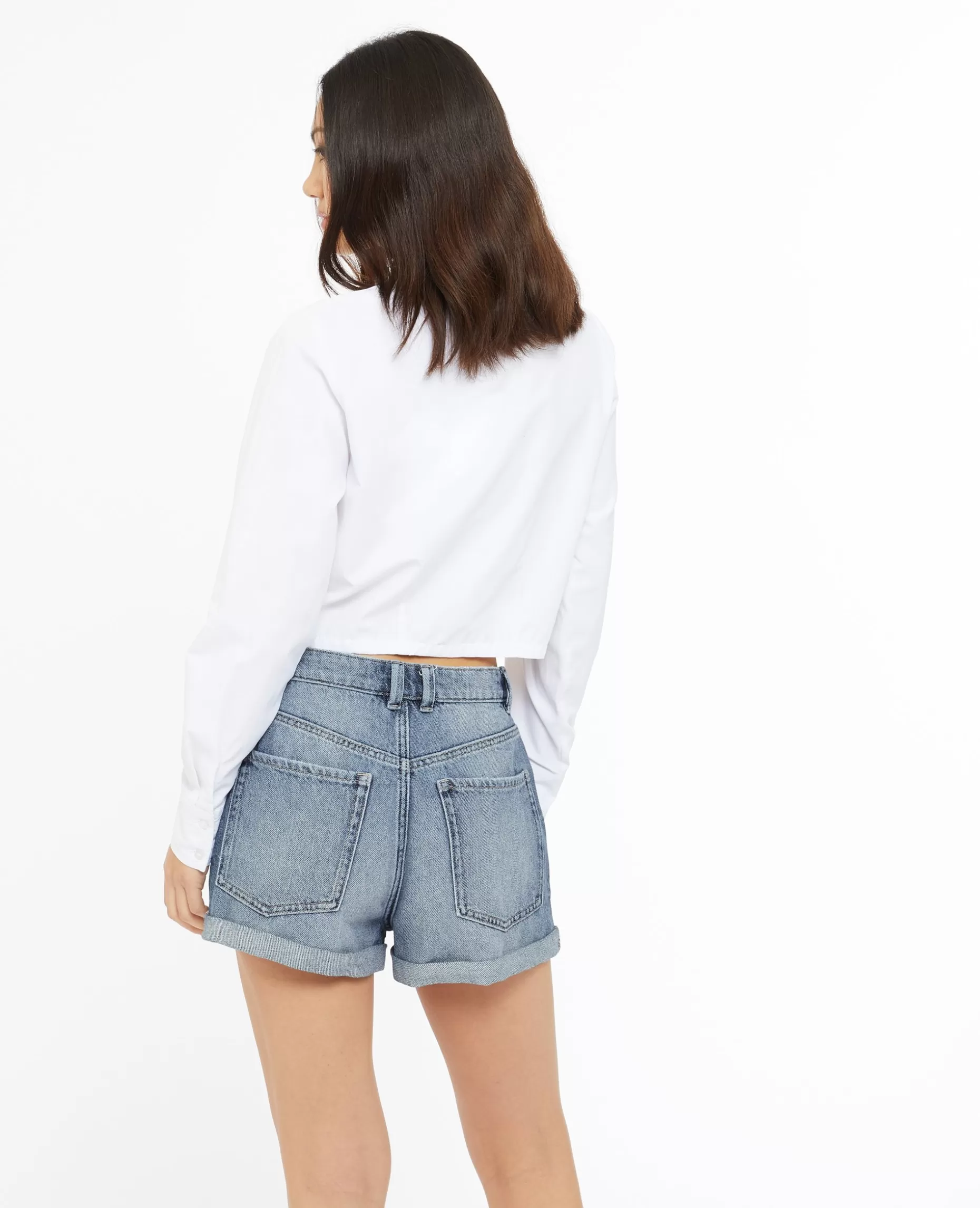 Sale Pimkie Short En Jean Loose Taille Haute Bas Roulottés - bleu
