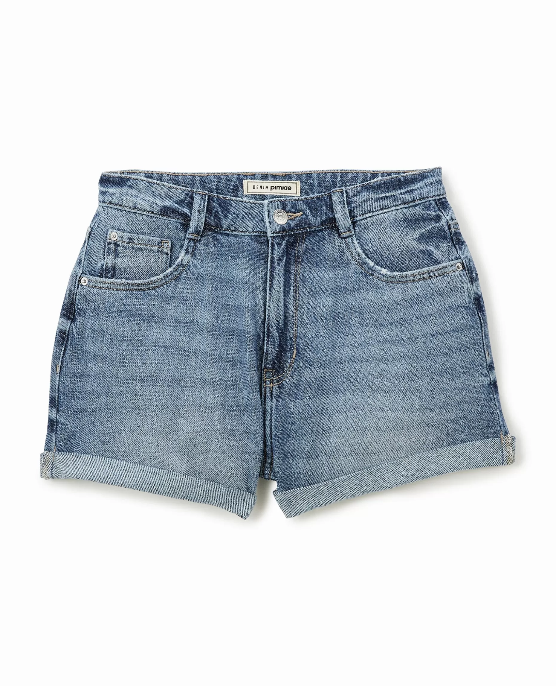 Sale Pimkie Short En Jean Loose Taille Haute Bas Roulottés - bleu