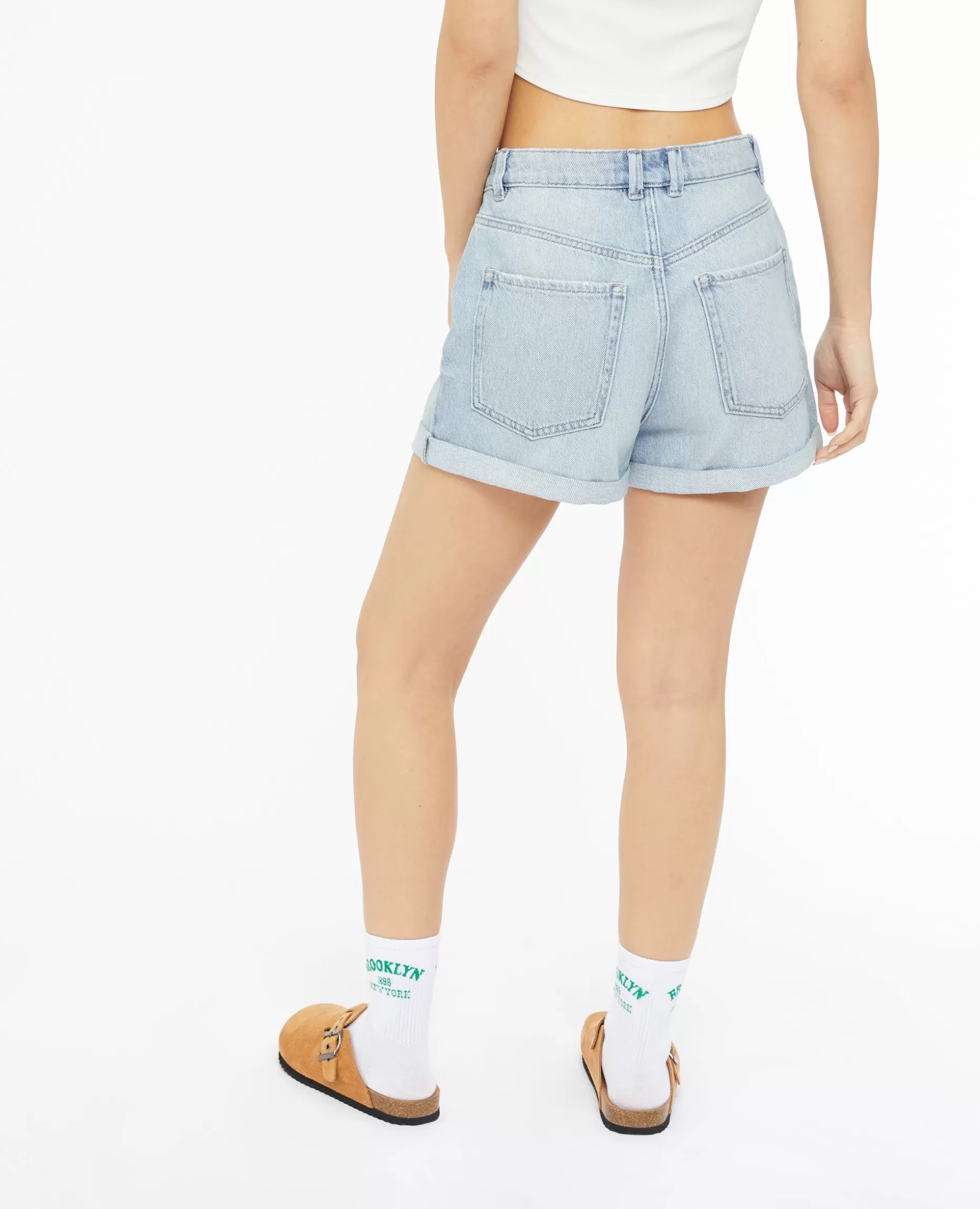 Shop Pimkie Short En Jean Loose Taille Haute Bas Roulottés - bleu clair