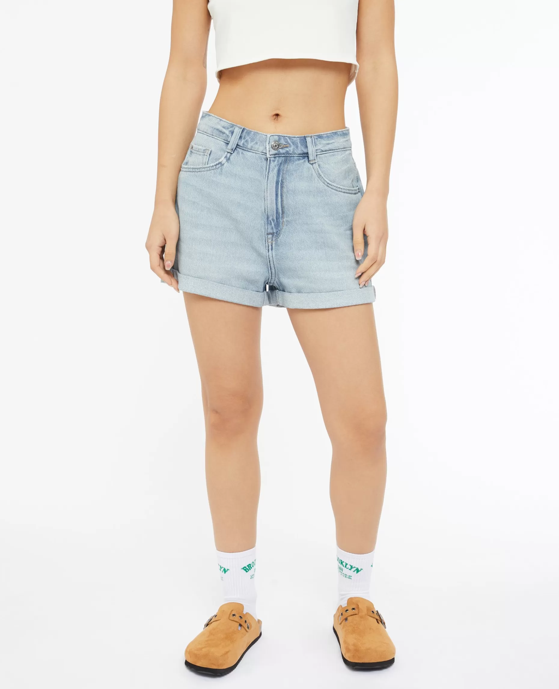 Shop Pimkie Short En Jean Loose Taille Haute Bas Roulottés - bleu clair