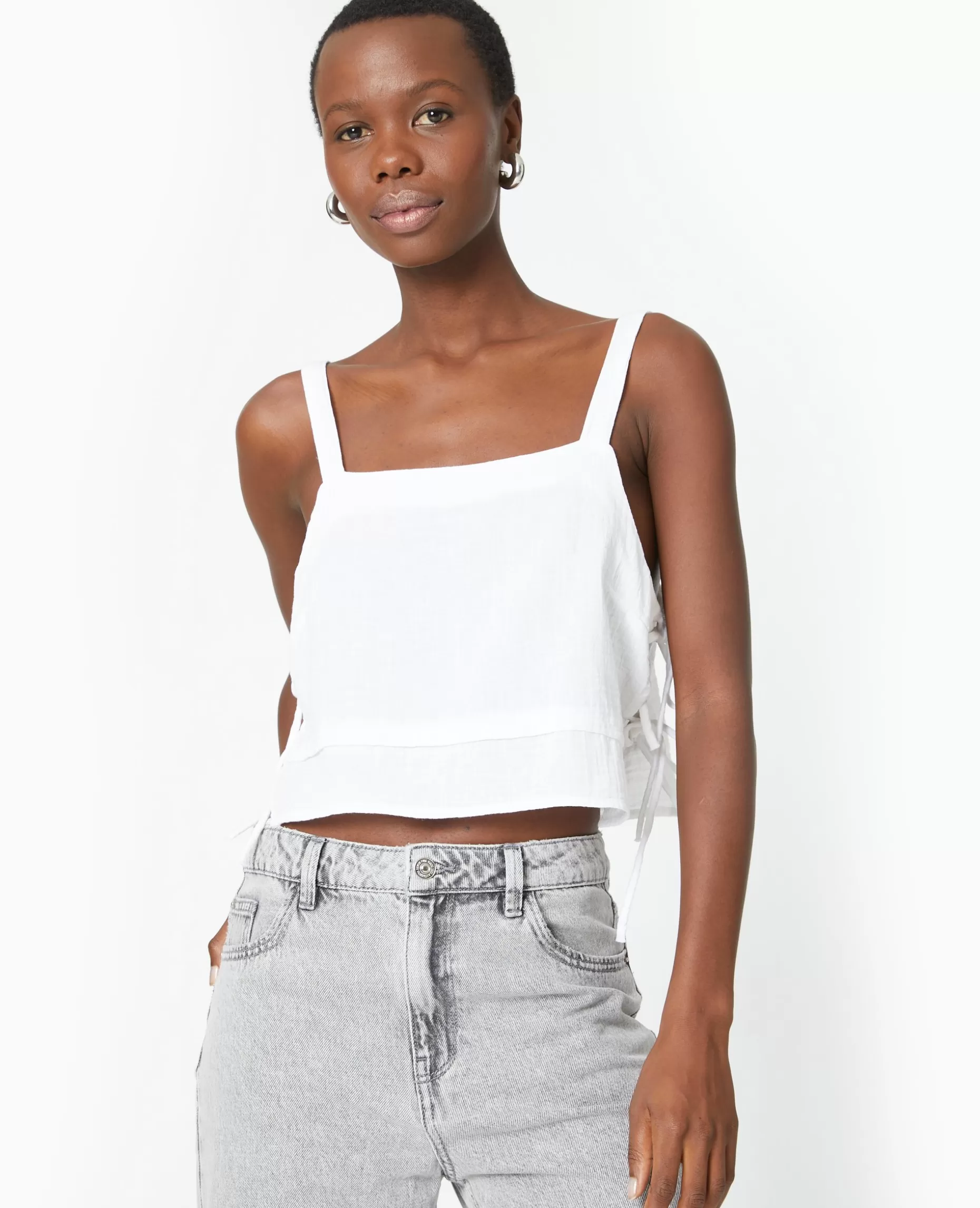 Hot Pimkie Top En Gaze De Coton Avec Nœuds Sur Les Côtés - blanc
