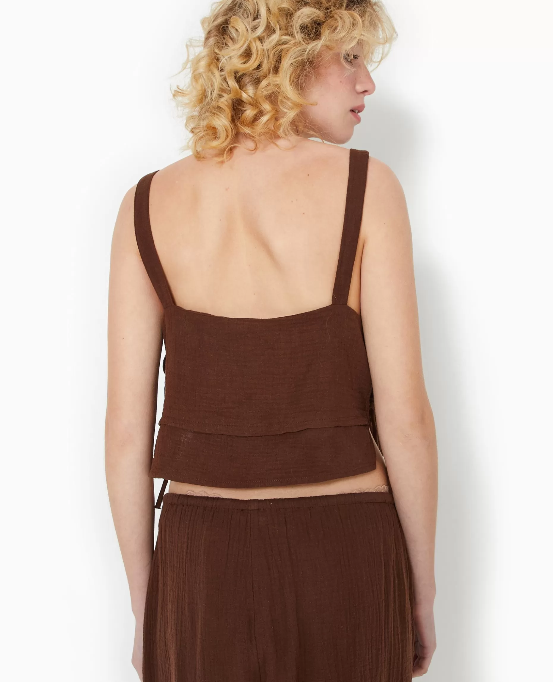 New Pimkie Top En Gaze De Coton Avec Nœuds Sur Les Côtés - marron