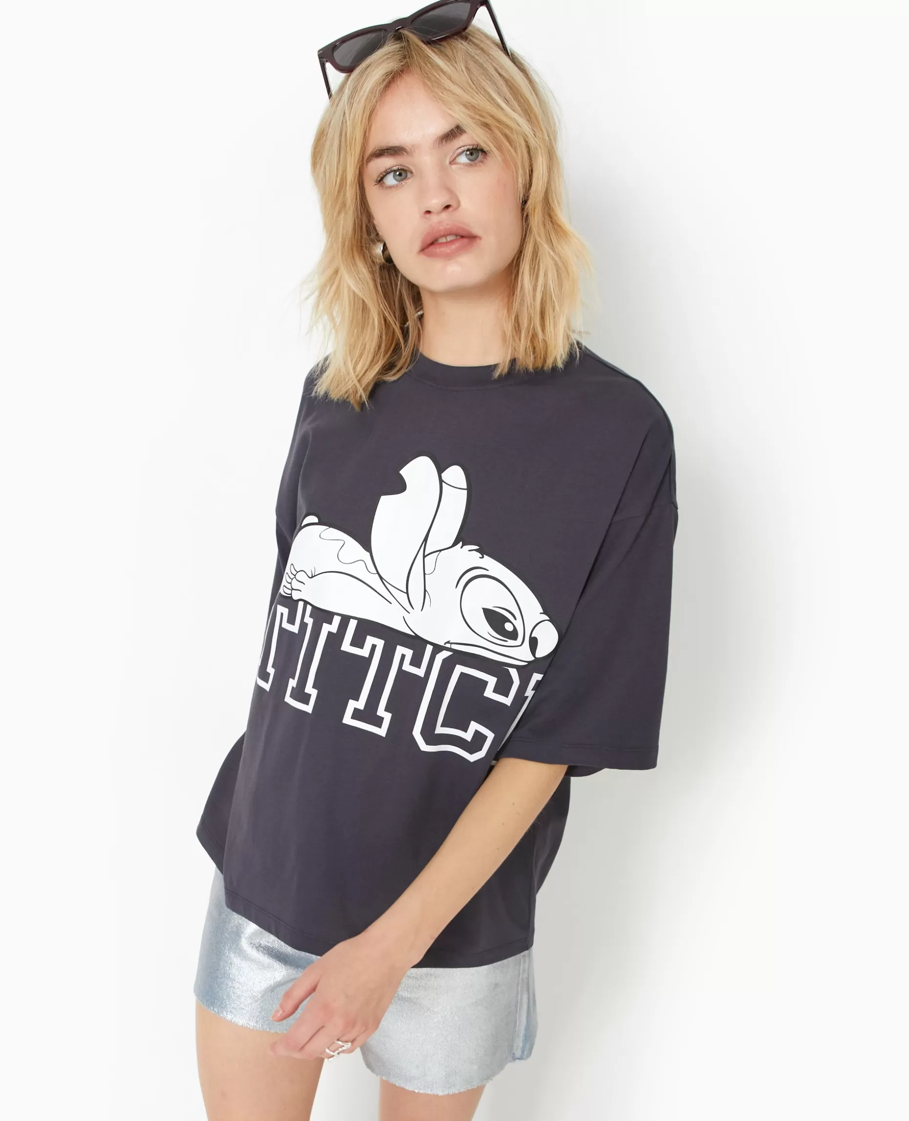 Fashion Pimkie T-shirt Oversize Avec Grand Print STITCH Devant - gris