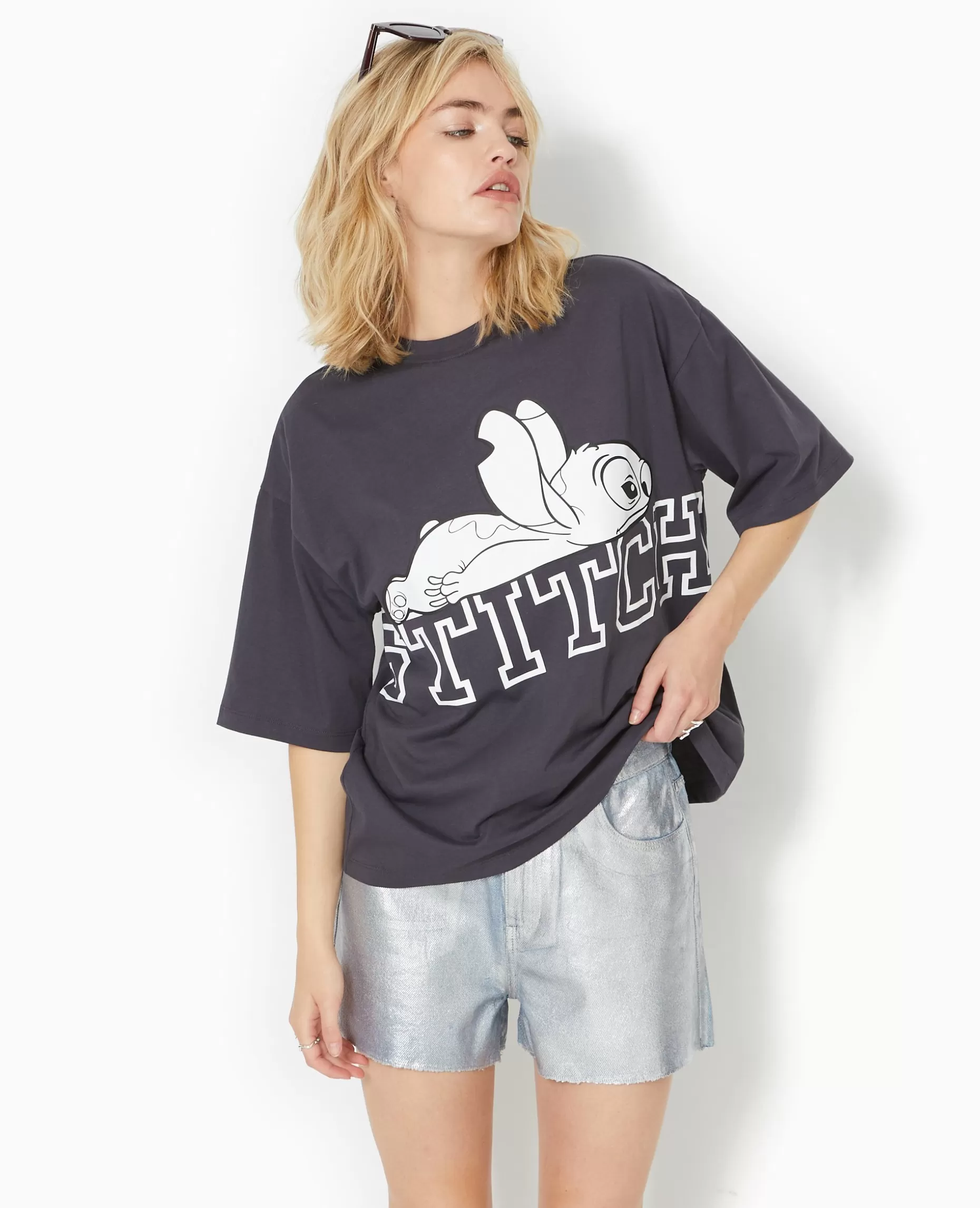 Fashion Pimkie T-shirt Oversize Avec Grand Print STITCH Devant - gris