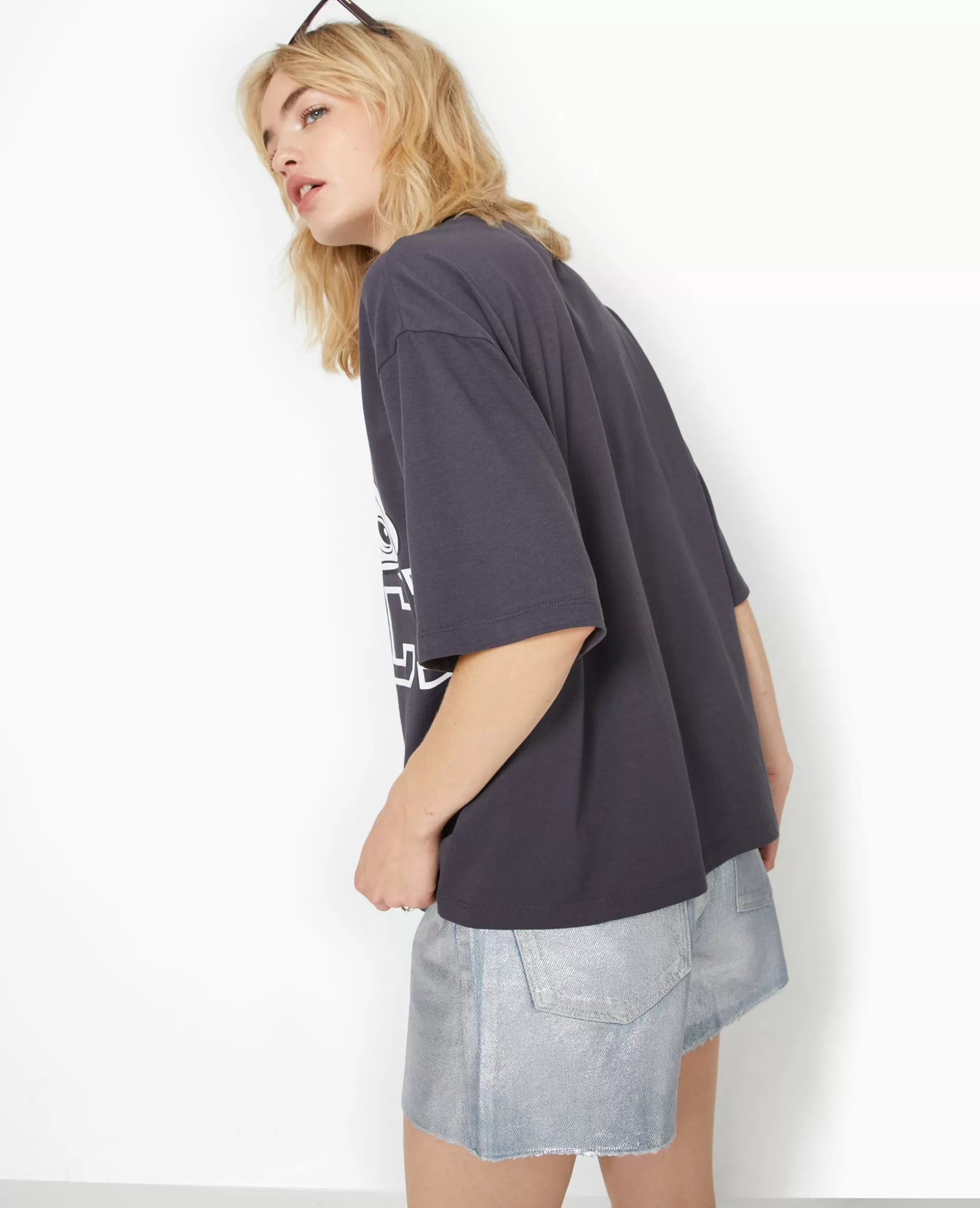 Fashion Pimkie T-shirt Oversize Avec Grand Print STITCH Devant - gris